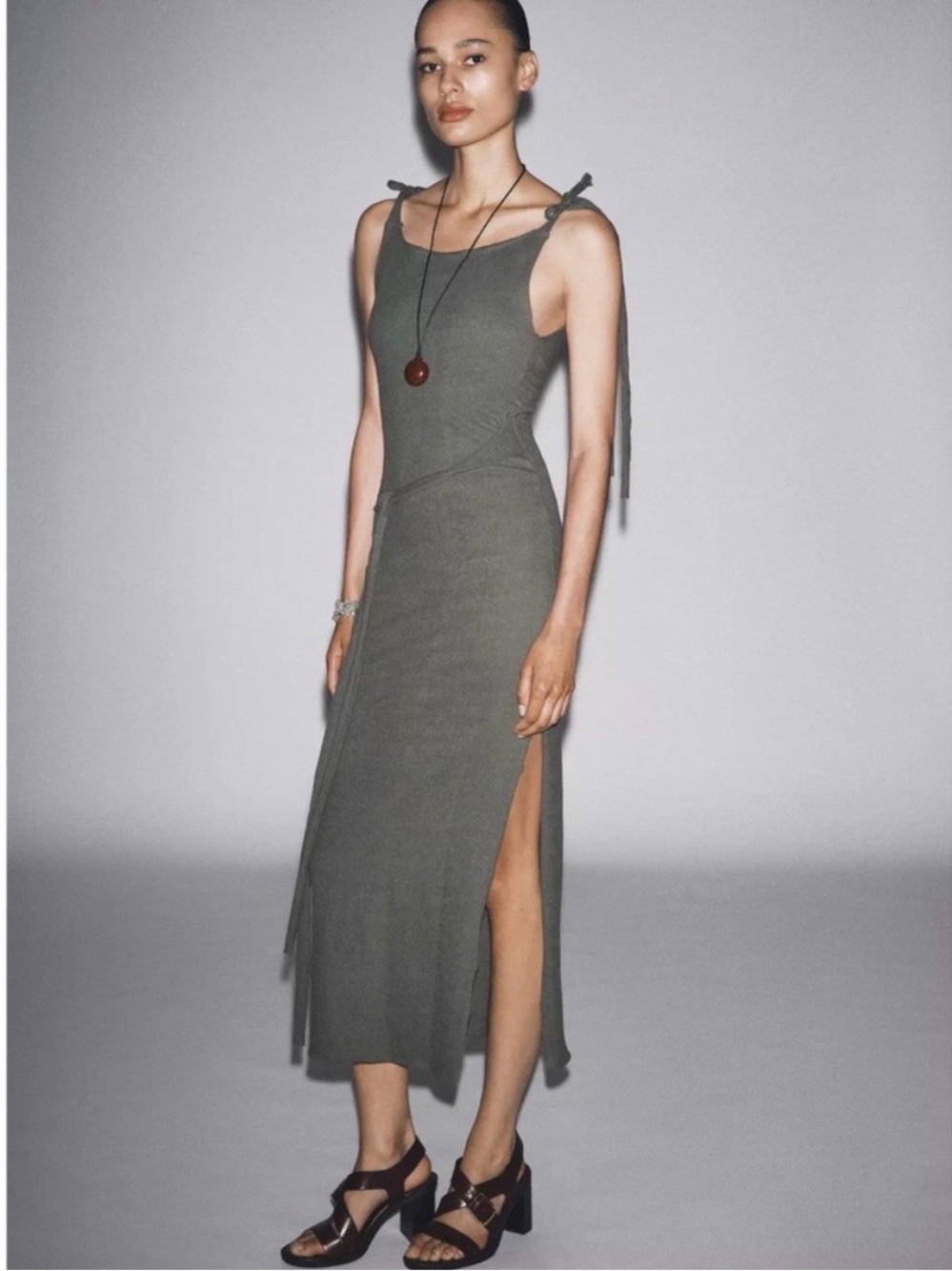 Zara Tie-Shoulder maxi Dress in Olive Green with belted tie NWT